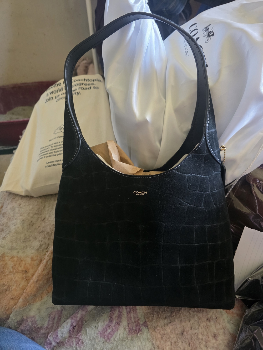 Coach Black Croc-Embossed Shoulder Hobo with Gold Logo